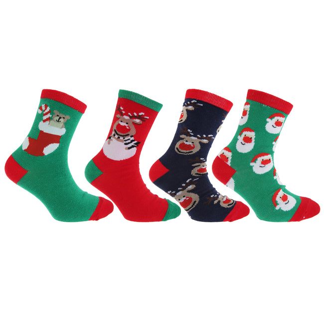 Bleu marine-Vert-Rouge - Front - FLOSO - Chaussettes de Noël (4 paires) - Enfant unisexe